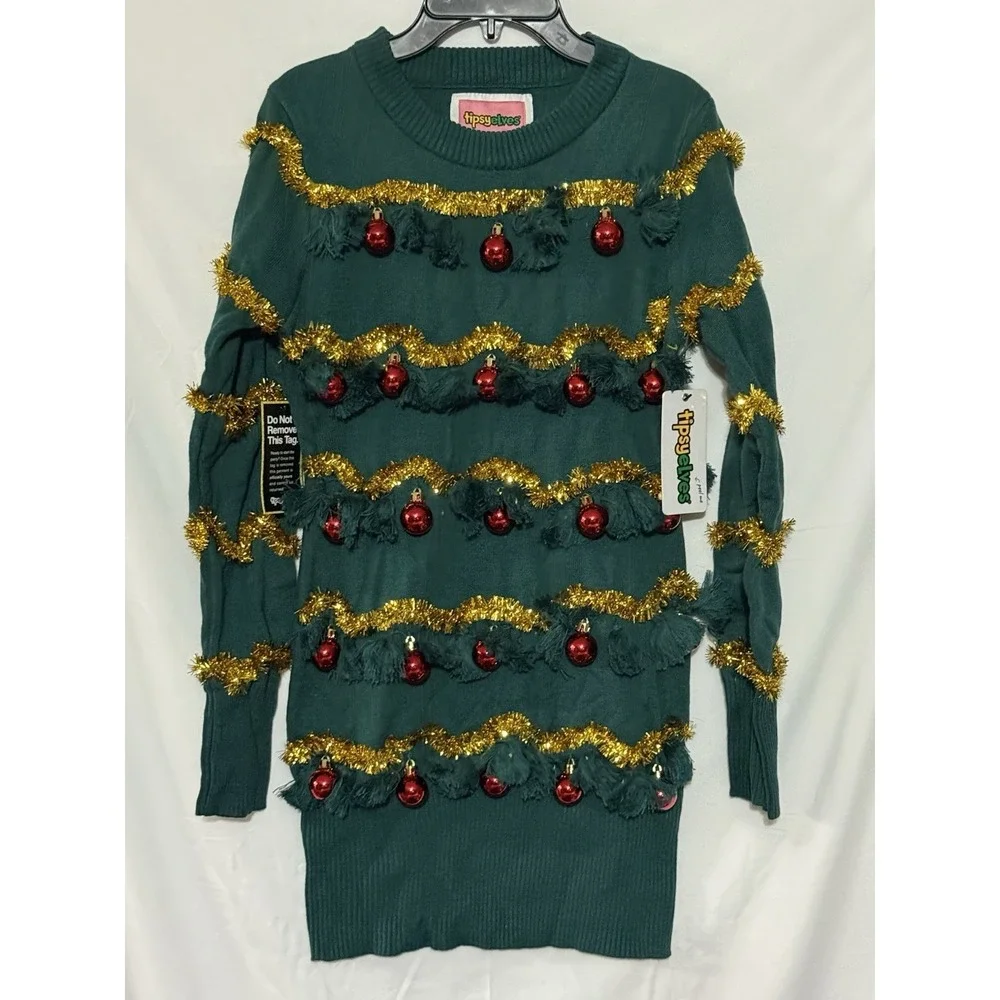 Tipsy Elves Christmas Sweater Dress XS Tinsel Tree Ugly‎ Holiday Dress